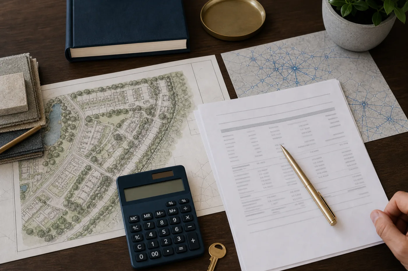 Property-tax documents, a calculator, a neighborhood plan and a house key arranged for a buyer cost review